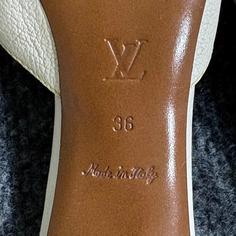 Louis Vuitton Shoes Womens 6 White Suhali Leather Flower Buckle Mule Kitten Heel